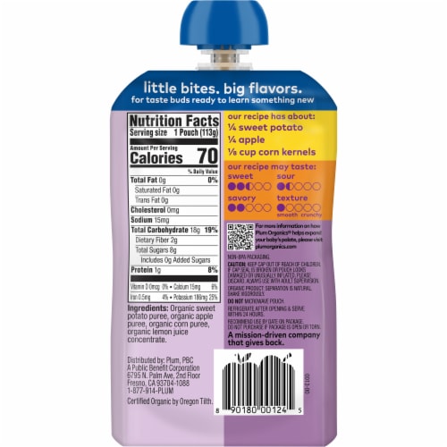 Plum Organics® Stage 2 Sweet Potato Apple & Corn Baby Food Pouch Perspective: back