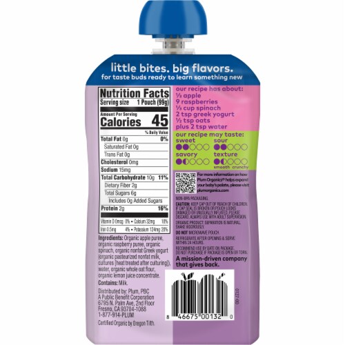 Plum® Organics Apple Raspberry Spinach & Greek Yogurt Stage 2 Baby Food Pouches Perspective: back