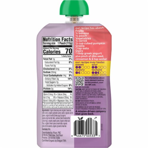Plum Organics® Mighty 4® Blends Banana Peach Pumpkin Carrot Yogurt Stage 4 Toddler Food Pouch Perspective: back