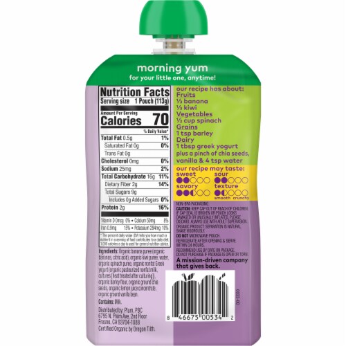 Plum Organics® Mighty Morning® Banana Kiwi Spinach Yogurt and Barley Toddler Baby Food Pouches Case Perspective: back