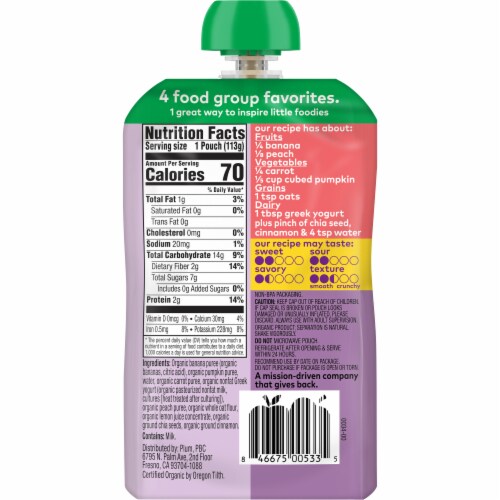 Plum® Organics TOTS Mighty 4® Banana Peach Pumpkin Carrot Greek Yogurt & Oat Food Pouch Perspective: back
