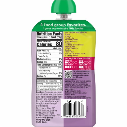 Plum Organics® Mighty 4® Pear Cherry Berry Black Bean Spinach Oat Blends Stage 4 Baby Food Pouch Perspective: back