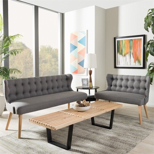 Baxton Studio Melody Mid-Century Modern Natural Wood Finishing Grey Fabric 2-Piece Settee Set Baxton Studio Melody Mid-Century Modern Natural Wood Finishing Grey Fabric 2-Piece Settee Set