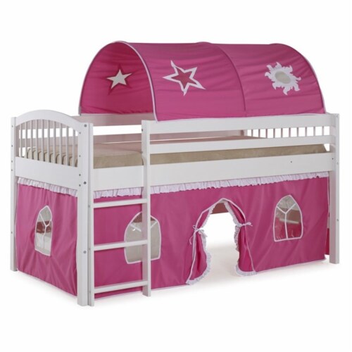 Addison White Wood Junior Loft Bed with Pink and White Tent and