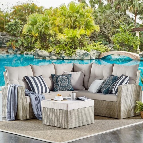 Alaterre Canaan All-Weather Wicker Outdoor Double Loveseat Sectional Sofa-Cream Perspective: back