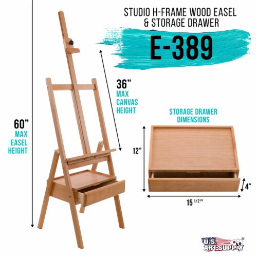 Large Wooden H-Frame Studio Easel with Artist Storage Drawer and