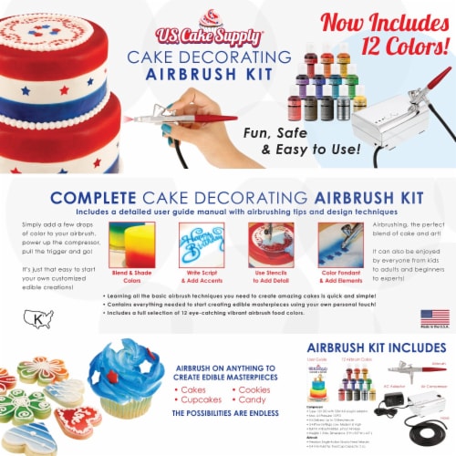 Complete Cake Decorating Airbrush Kit with a Full Selection of 12 Vivid Airbrush Food Colors Perspective: back