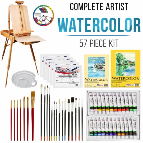 57-Piece Watercolor Painting Kit with French Easel, Watercolor Paint, Canvas, Paper, Brushes Perspective: back