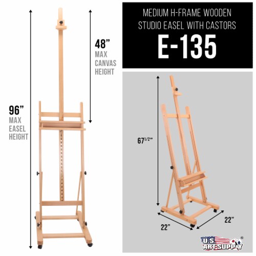 Medium Wooden H-Frame Studio Easel with Artist Storage Tray and Wheels -  Adjusts to 96 High, Easel - Kroger