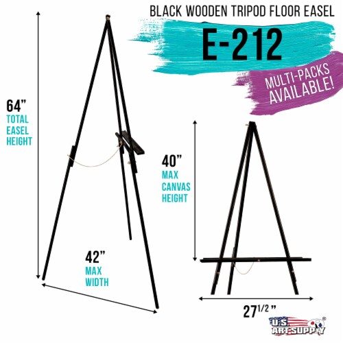 64  Black Torrey Wooden A-Frame Tripod Studio Artist Floor Easel, Adjustable Tray Height Perspective: back