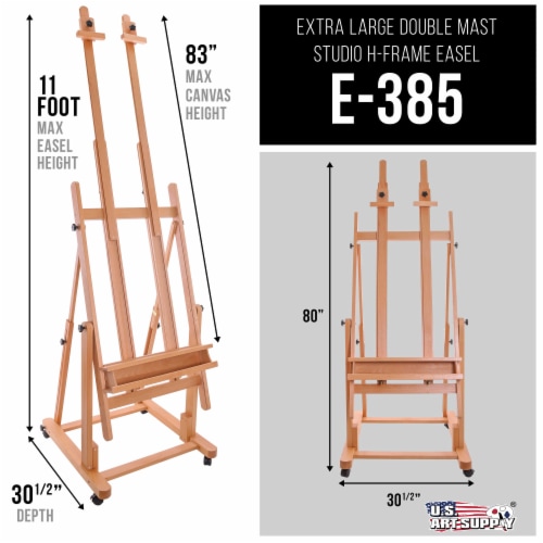 Extra Large Double Mast Wooden H-Frame Studio Floor Easel with Artist Storage Tray Perspective: back