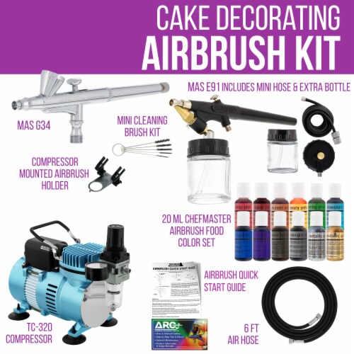 12 Color Cake Decorating Airbrushing System Kit - Gravity & Siphon Feed, Dual Fan Compressor Perspective: back