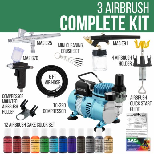 Dual Fan Air Compressor Pro Cake Decorating System Kit - 3 Airbrushes, 12 Food Coloring Set Perspective: back