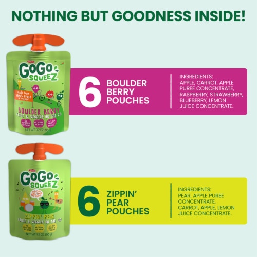 GoGo squeeZ Fruit & veggieZ Applesauce & Puree Variety Pack Boulder Berry, Zippin Pear Snack Pouches Perspective: back