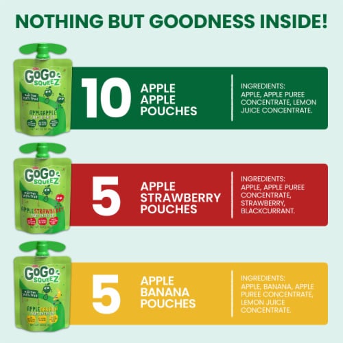 GoGo squeeZ Applesauce and Fruit Puree Apple Apple, Apple Strawberry, Apple Banana Snack Pouches Perspective: back