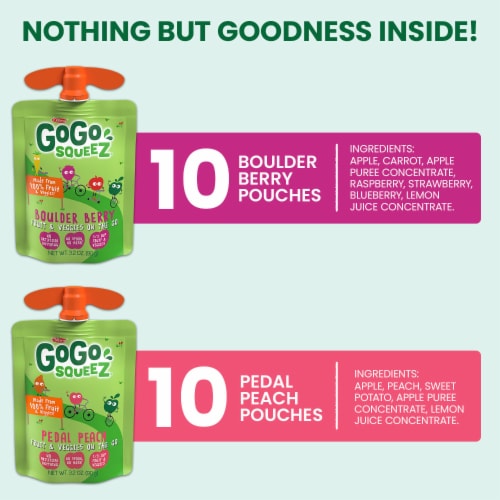 GoGo squeeZ Fruit & VeggieZ Applesauce Puree Variety Pack Boulder Berry, Pedal Peach Snack Pouches Perspective: back
