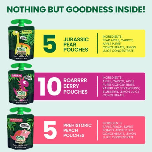 GoGo squeeZ® fruit & veggieZ Snack, Dino Variety Pack, Prehistoric Peach, Jurassic Pear, Roar Berry Perspective: back