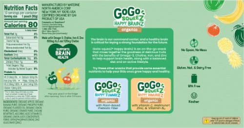 GoGo SqueeZ® Happy BrainZ Apple Banana Pineapple Orange Pouches Perspective: back