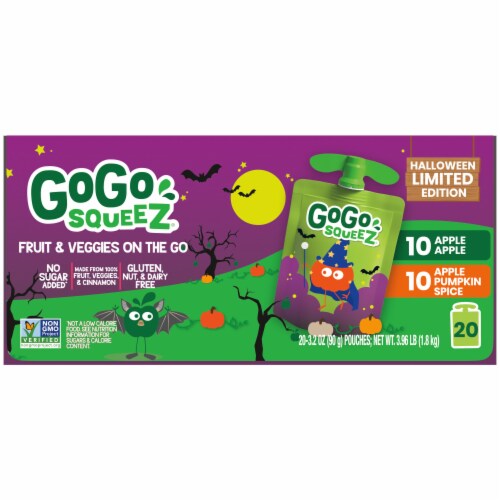 GoGo SqueeZ Fruit & veggieZ Halloween Variety Pack, Apple and Apple Pumpkin Spice Snack Pouches, Perspective: back