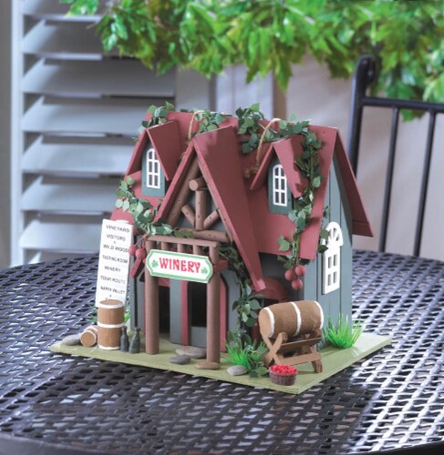 Zingz & Thingz Winery Red Roof Wood Cottage Birdhouse Perspective: back