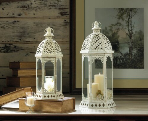 Home Locomotion 849179027056 Graceful Distressed Lantern, White - Large Perspective: back