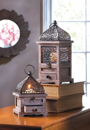 Aewholesale 10018058 14 in. Flip-Top Wood Lantern with Drawer Perspective: back