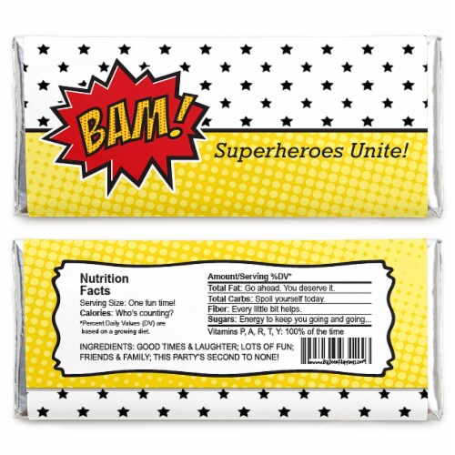 Big Dot of Happiness Bam Superhero Candy Bar Wrappers Baby Shower Birthday Party Favors 24 Ct Perspective: back