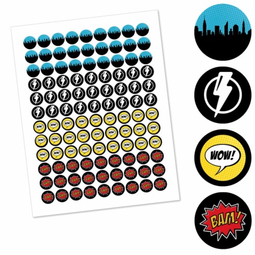 Big Dot of Happiness Bam Superhero - Party Round Candy Sticker Favors (1 Sheet of 108) Perspective: back