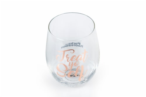 Parks and Recreation Treat Yo Self Stemless Wine Glass | Pink Perspective: back