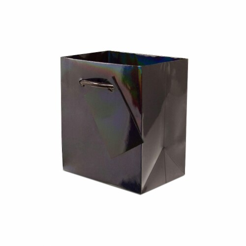 Extra Small Black Hologram Gift bags with Handles, Designer Solid Black Paper Gift Wrap Bags Perspective: back