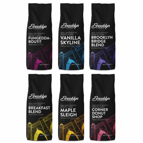 Brooklyn Beans Ground Coffee Variety-Light, Med, Dark Roast&Flavored,6 pack(72 ounces total) Perspective: back