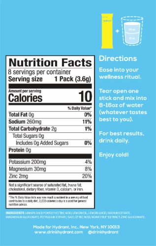 Hydrant Inc® Hydrate No Added Sugar Lemonade Electrolyte Drink Mix Perspective: back