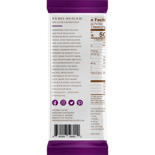 SkinnyMe Zero Sugar Creamy Milk Chocolate Bar Perspective: back