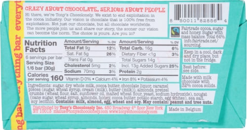 Tony's Chocolonely® Caramel Almond Nougat Pretzel and Sea Salt Milk Chocolate Bar Perspective: back