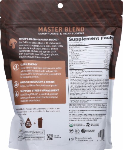 Om Mushroom Master Blend Chocolate Protein Powder Perspective: back