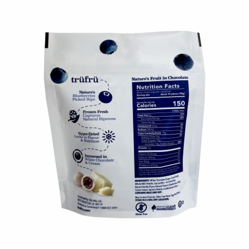 Tru Fru Hyper-Dried Blueberries Covered in White Chocolate Candy Bag Perspective: back