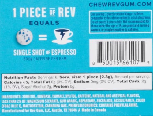 Rev Gum Regular Strength Polar Mint Caffeinated Gum Pack Perspective: back