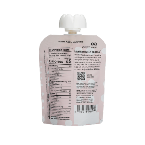 White Leaf Organic Biodynamic® Baby Food Peach + Oat Pouch Perspective: back