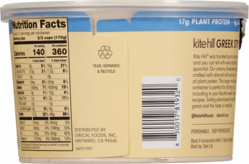 Kite Hill® Plain Unsweetened Dairy Free Almond Milk Greek Yogurt Tub Perspective: back