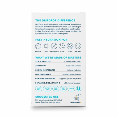 DripDrop® Dehydration Relief Fast™ Zero Sugar Passionfruit Electrolyte Powder Perspective: back