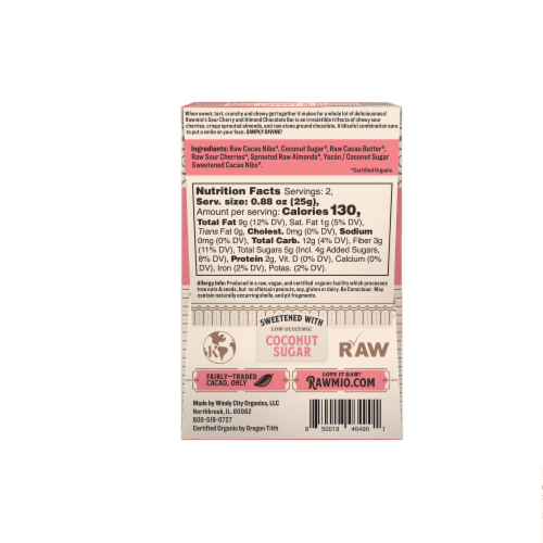 Rawmio Sour Cherry & Almond Raw Chocolate Bark Perspective: back