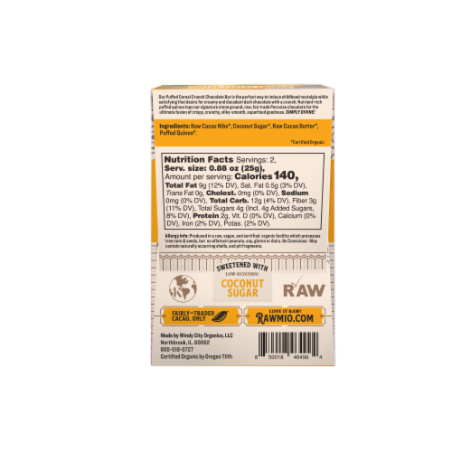 Rawmio Organic Puffed Cereal Crunch Raw Chocolate Bar Perspective: back