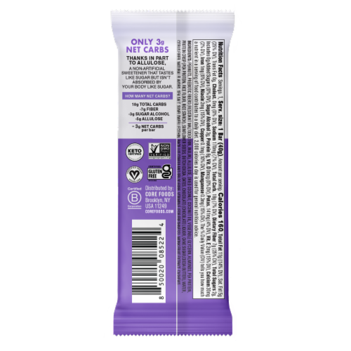 CORE Foods Dark Chocolate Sea Salt Keto Nutrition Bars Perspective: back