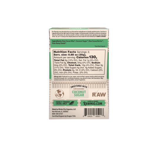 Rawmio Organic Simply Hemp Raw Chocolate Bar Perspective: back