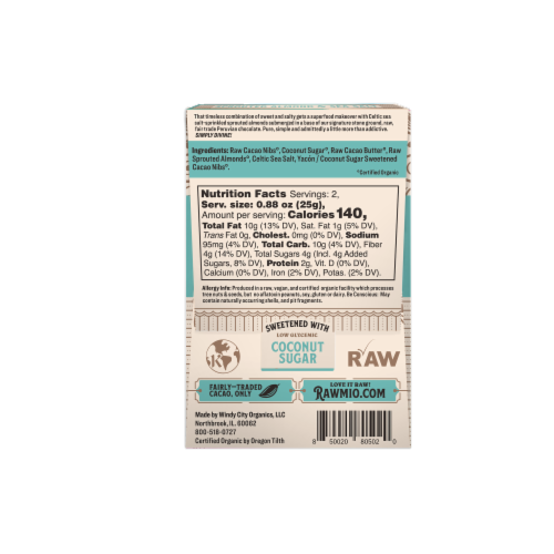Rawmio Organic Sprouted Almond & Sea Salt Raw Chocolate Bar Perspective: back