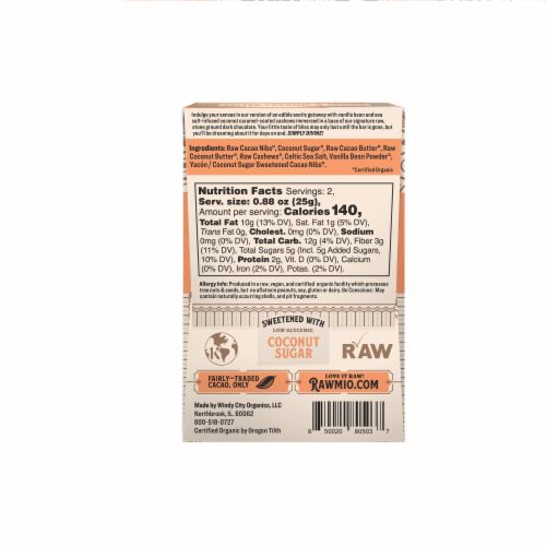 Rawmio Organic Coconut Caramel & Crushed Cashew Raw Chocolate Bar Perspective: back