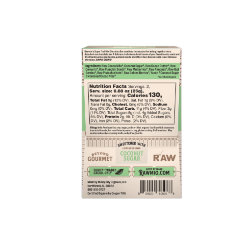 Rawmio Organic Trail Mix Raw Chocolate Bar Perspective: back