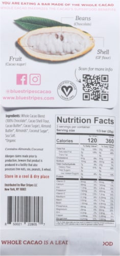 Blue Stripes Whole Cacao Almond Butter Chocolate Bar Perspective: back