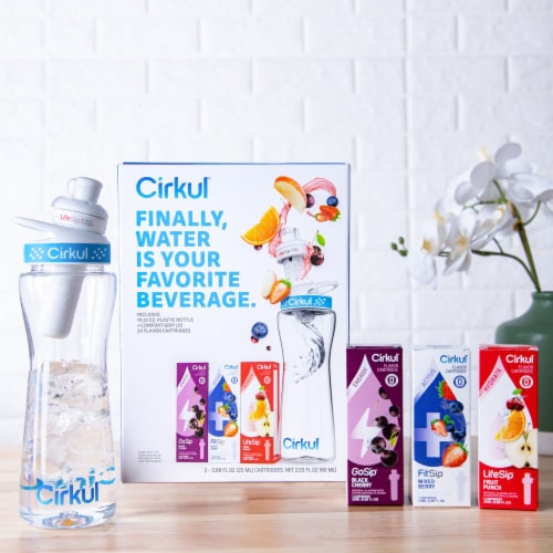 Cirkul 12 oz Plastic Water Bottle Starter Kit with Blue Lid and 2 Flavor  Cartridges (Fruit Punch & Mixed Berry)