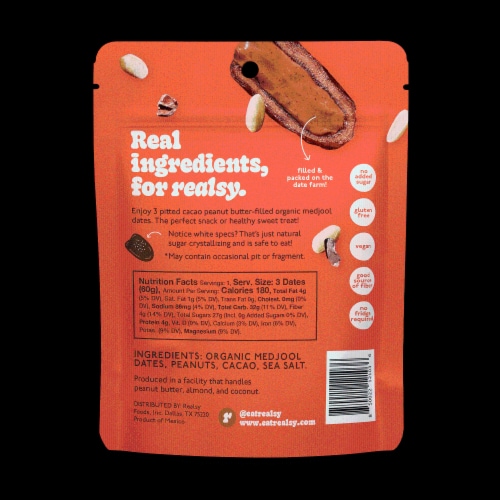 Realsy Chocolate Peanut Butter Filled Dates Snack Pack Perspective: back